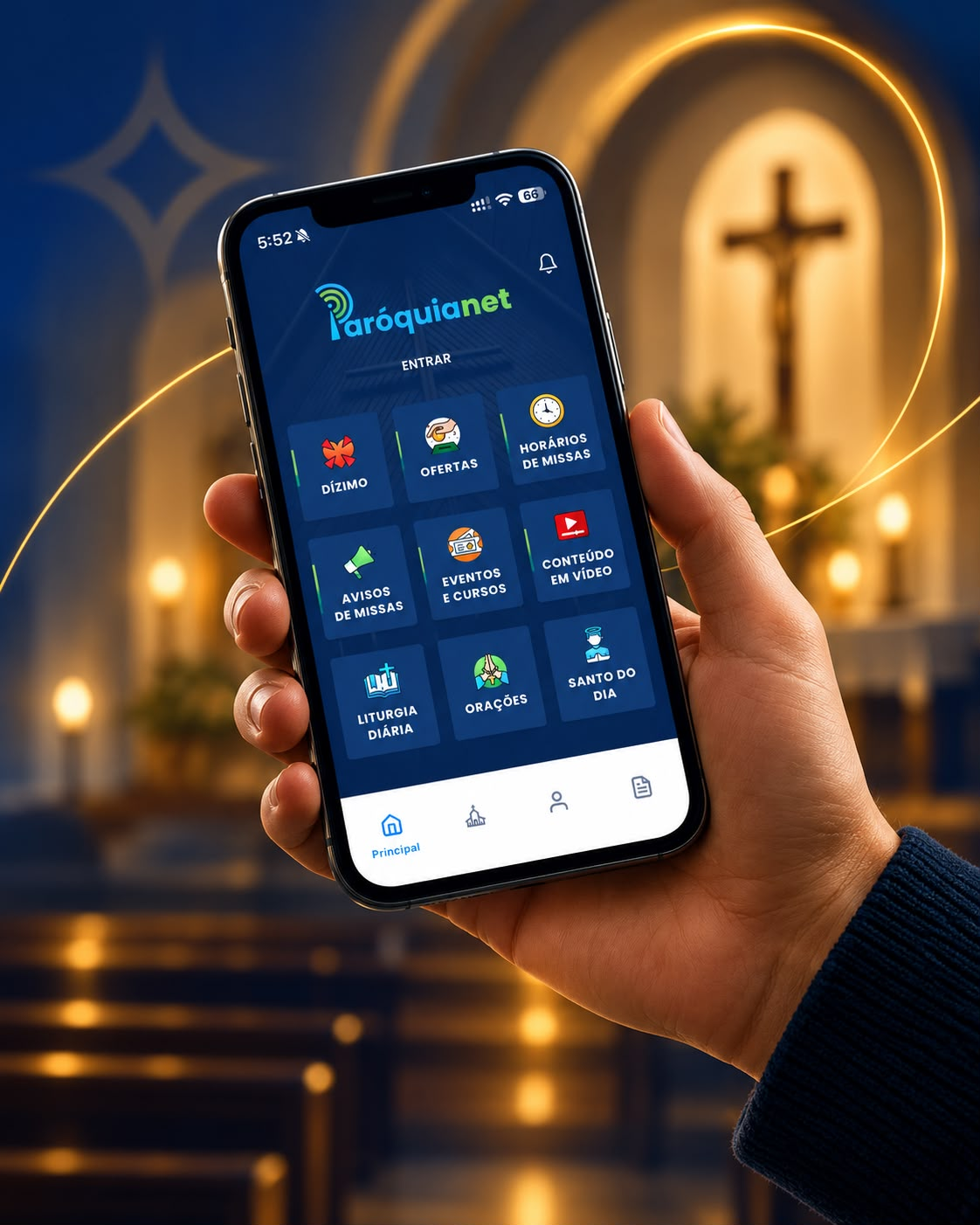 Celular exibindo o aplicativo ParóquiaNet